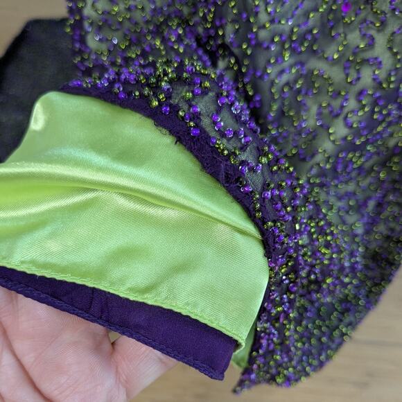 Je Matadi Prom Dress Maxi Gown 8 Purple Green Silk Bead Pageant Glam Train Y2K - Picture 11 of 16